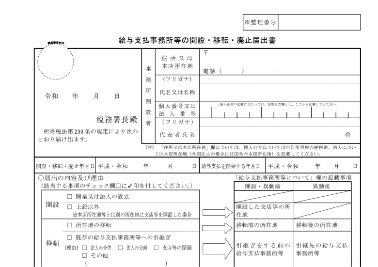 給与支払事務所等の開設・移転・廃止届出書