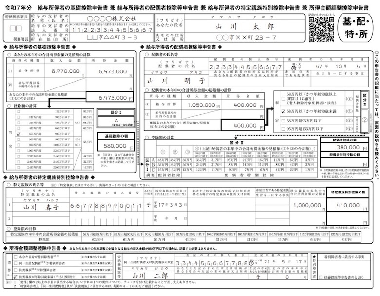 令和7年分 給与所得者の基礎控除申告書 兼 給与所得者の配偶者控除等申告書 兼 給与所得者の特定親族特別控除申告書 兼 所得金額調整控除申告書